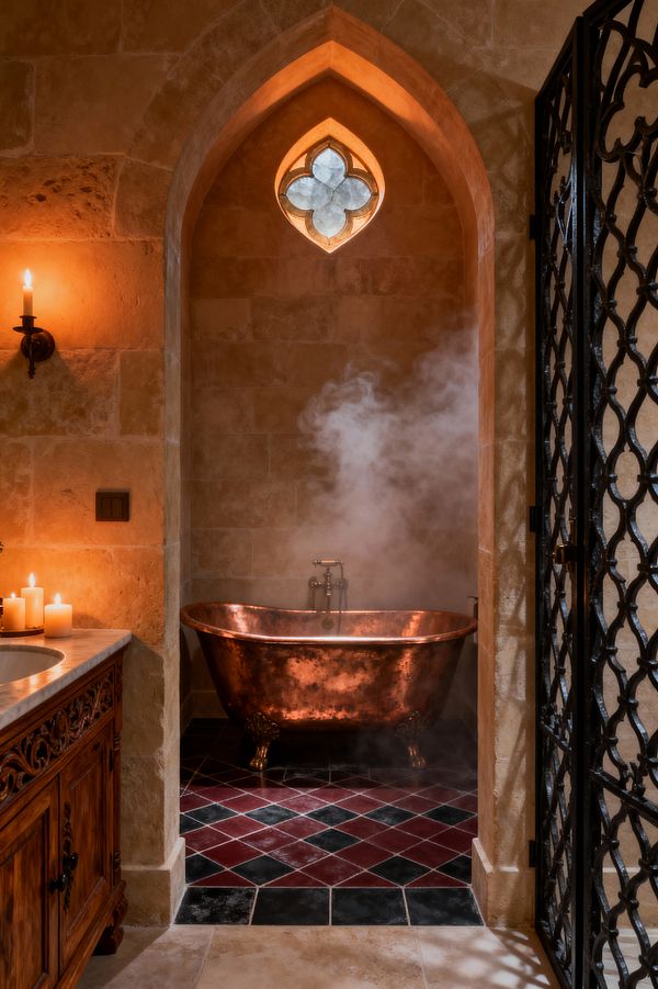 An intimate Gothic bathroom shows a steaming hammered copper clawfoot tub set within a pointed limestone arch. A small quatrefoil stained-glass window glows above the tub, and red-and-black diamond tiles pave the floor. Rough-cut stone walls, a wrought-iron lattice door, and iron candle sconces provide warm, flickering light. At left, a carved wood vanity with a pale marble top completes the old-world, monastery-like atmosphere.