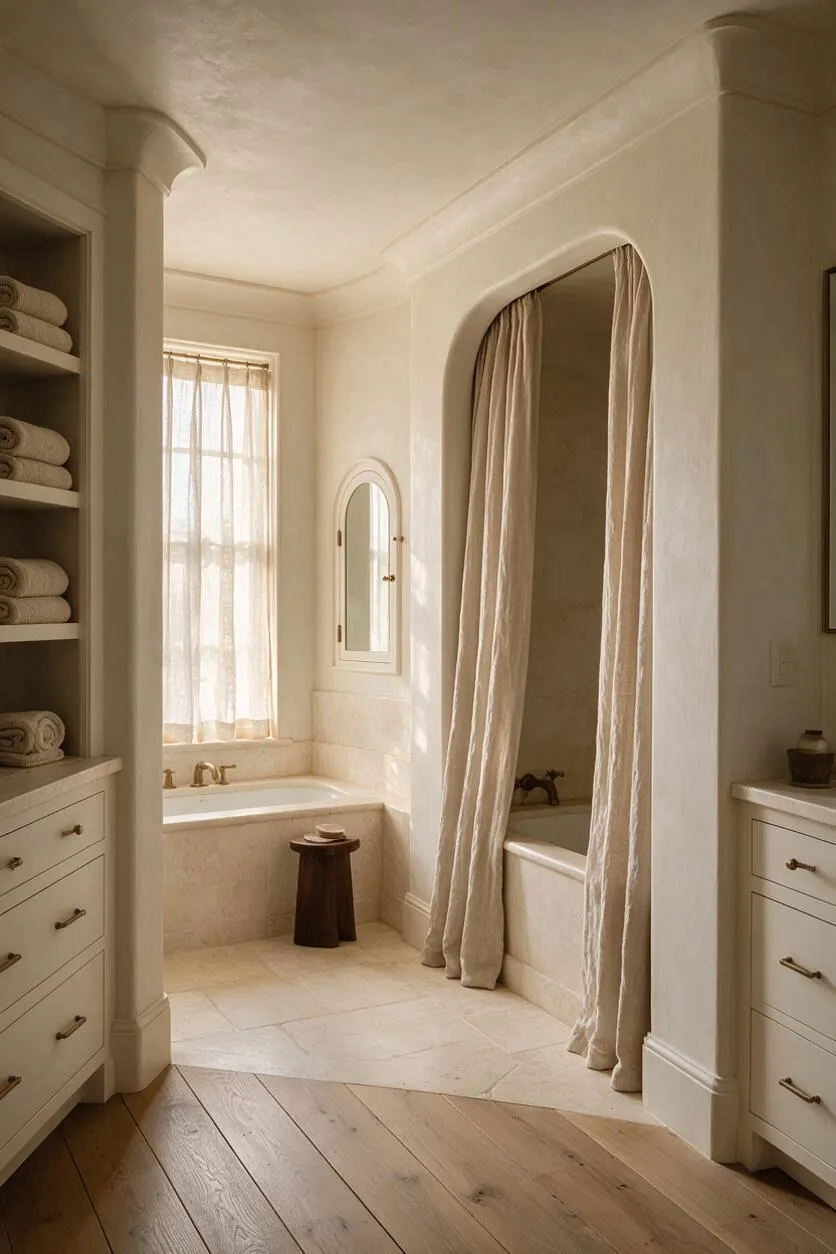 A serene bathroom in warm neutral tones features a built-in soaking tub beneath a window with sheer curtains, an arched shower opening with linen drape, and a small wooden stool. Cream cabinetry with brass pulls, a rounded wall mirror, and light stone finishes create a soft Organic Modern feel.