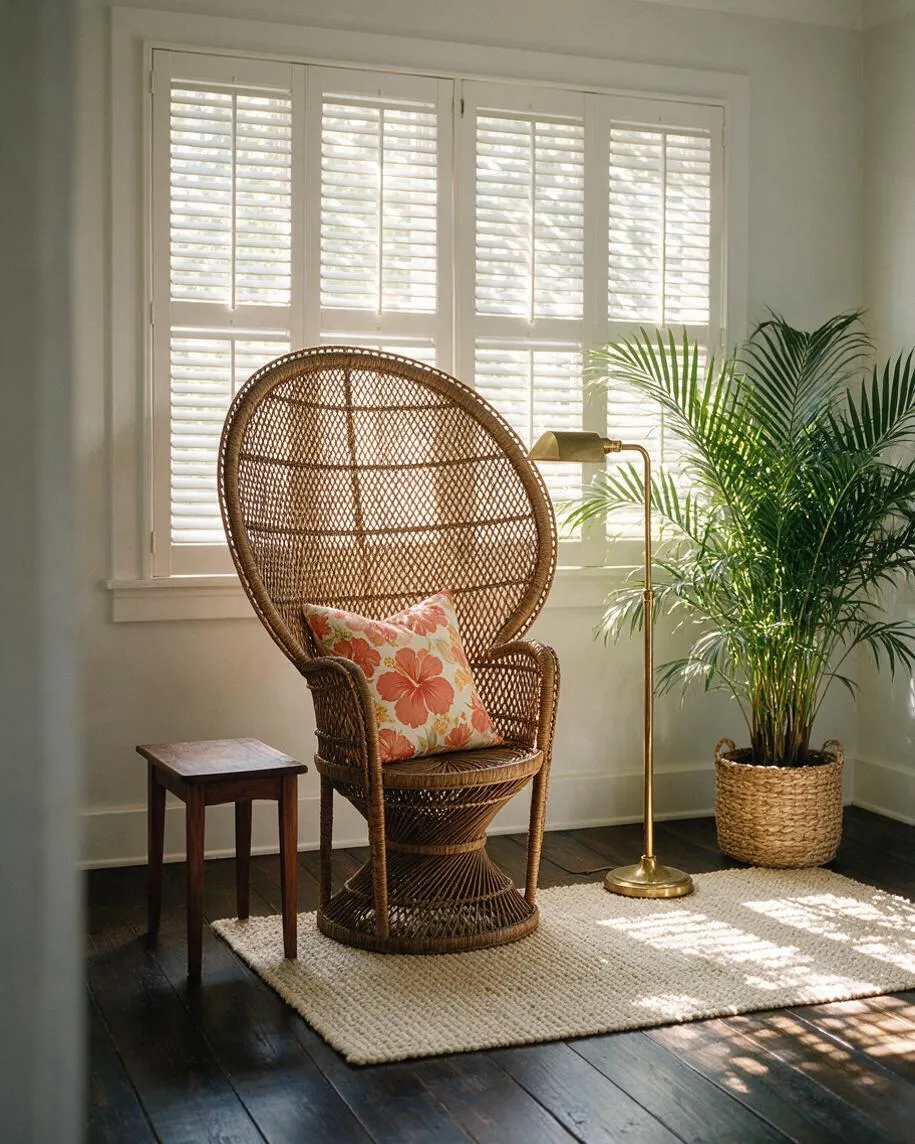 A tropical-style guest bedroom corner with a tall woven rattan peacock chair centered on a cream textured rug, paired with a small wooden side table, a brass floor lamp, and a lush palm in a woven basket planter. White plantation shutters filter sunlight across dark wood floors and soft neutral walls.