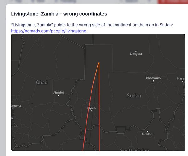 A map highlighting incorrect coordinates for Livingstone, Zambia.