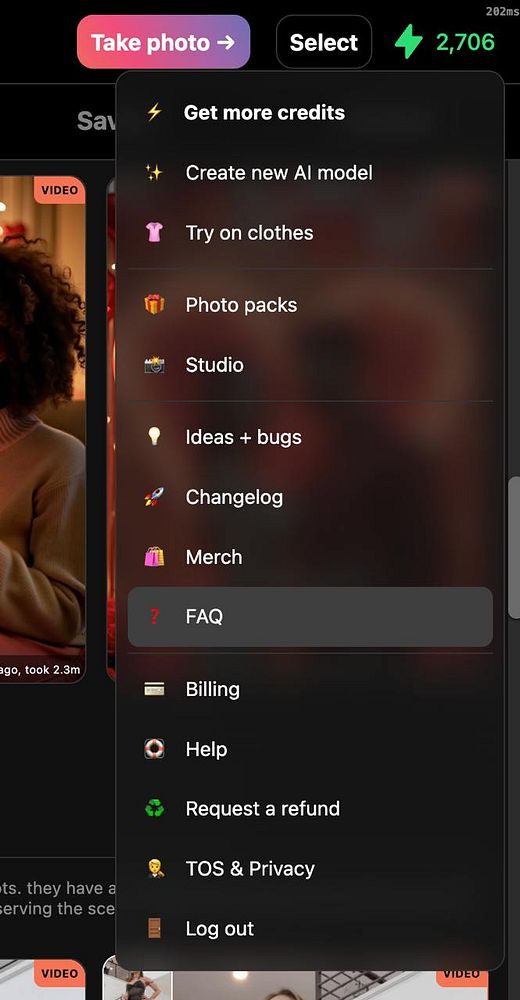 The image displays a user interface for a photo-related application with a menu for additional features.