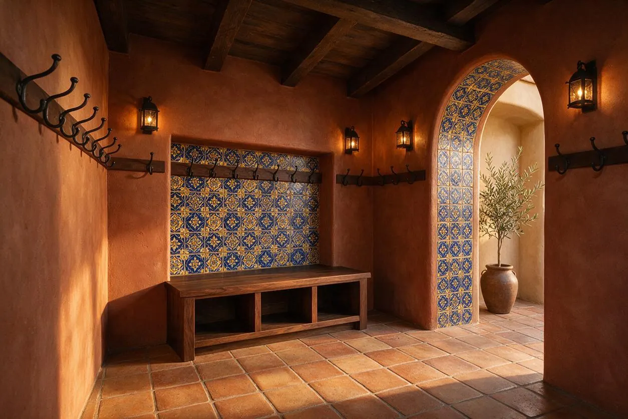 A Mediterranean-style mudroom with terracotta stucco walls, a dark wood beam ceiling, and terracotta floor tiles. Black metal coat hooks line the walls, while a built-in bench sits against a colorful blue and yellow patterned tile backsplash beside an arched doorway trimmed in matching tile and a potted olive tree.