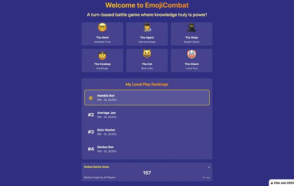 The image displays a user interface for a turn-based battle game called EmojiCombat, showcasing character options and local rankings.