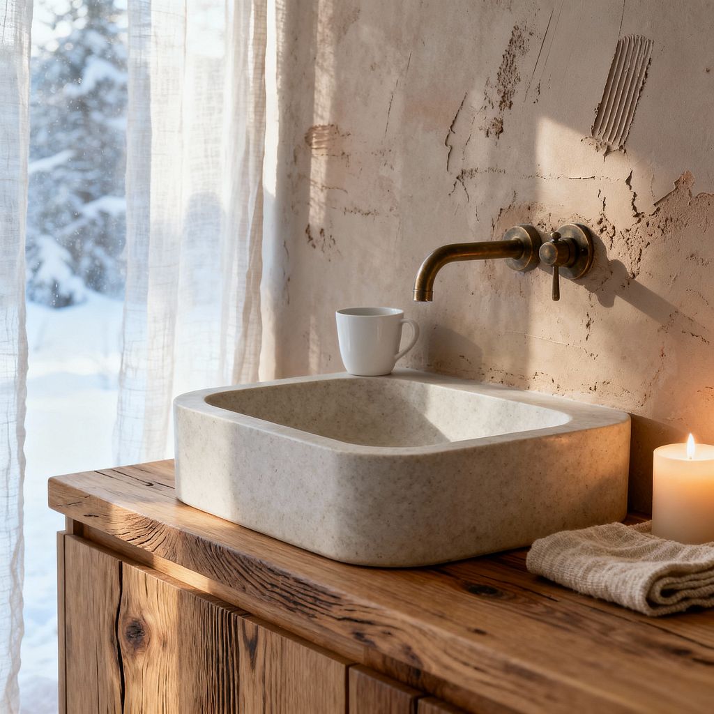 Close-up of a Scandinavian bathroom vanity featuring a pale, square stone vessel sink resting on a thick rustic wooden countertop. A wall-mounted aged brass faucet pierces a warm, textured limewash plaster wall; a folded knit towel and lit pillar candle sit on the counter, while sheer linen curtains filter snowy daylight from a nearby window, and a small white mug rests on the sink’s edge.
