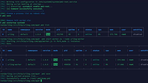 The image displays a terminal interface showing the status and management of a service worker using PM2.