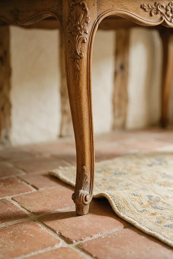 A close-up view of a carved wooden furniture leg with floral details, standing on warm terracotta floor tiles beside a muted patterned area rug. The background is softly blurred, suggesting a rustic French Country interior with natural textures and aged finishes.