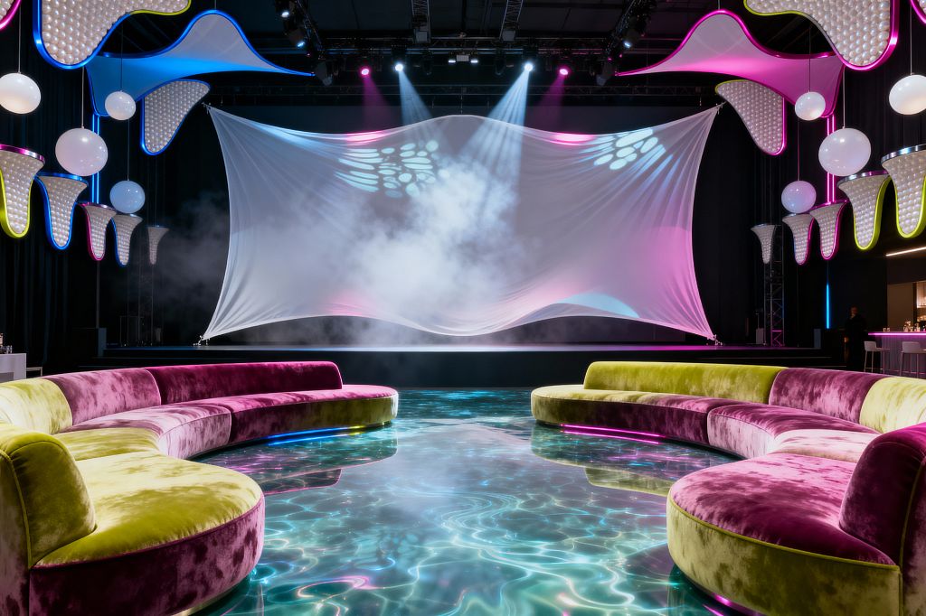 A psychedelic media room features two sweeping curved sofas in magenta and chartreuse velvet surrounding a glossy floor that looks like rippling water. Above, white globe lights and biomorphic pendants with dotted textures hang from a dark ceiling. A stretched white fabric screen forms the stage backdrop, lit by cyan and pink spotlights and light fog, while LED strips beneath the seating intensify the neon atmosphere.