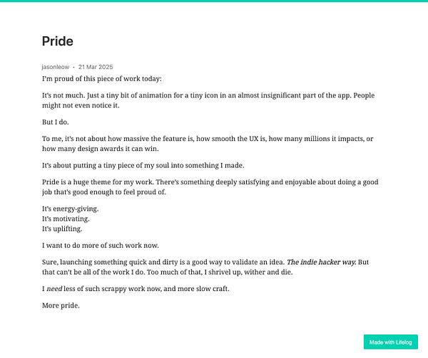 A reflective post about pride in one's work, emphasizing the importance of small details in design.