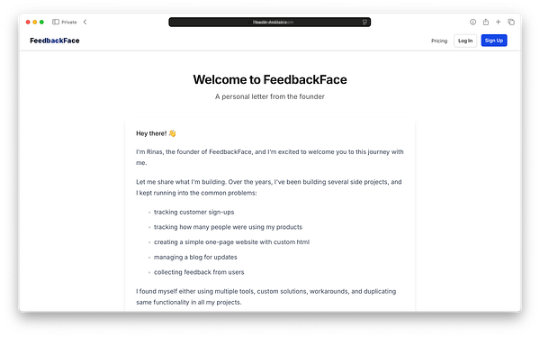 The image displays a simple landing page for FeedbackFace, featuring a personal letter from the founder.