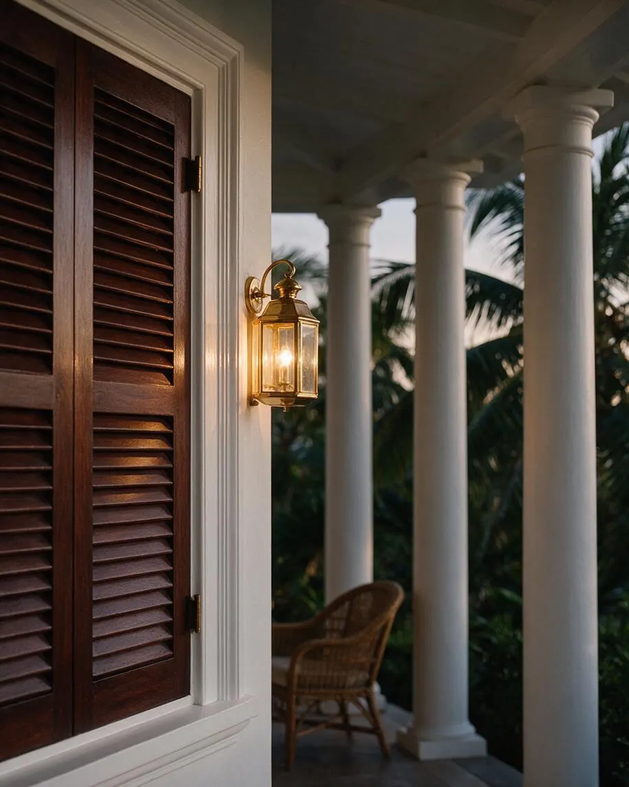 A tropical-style exterior veranda with white classical columns, a cream wall, and dark wood louvered shutters. A brass lantern wall sconce glows beside the shuttered window, while palm trees and a wicker chair create a relaxed, shaded outdoor atmosphere.