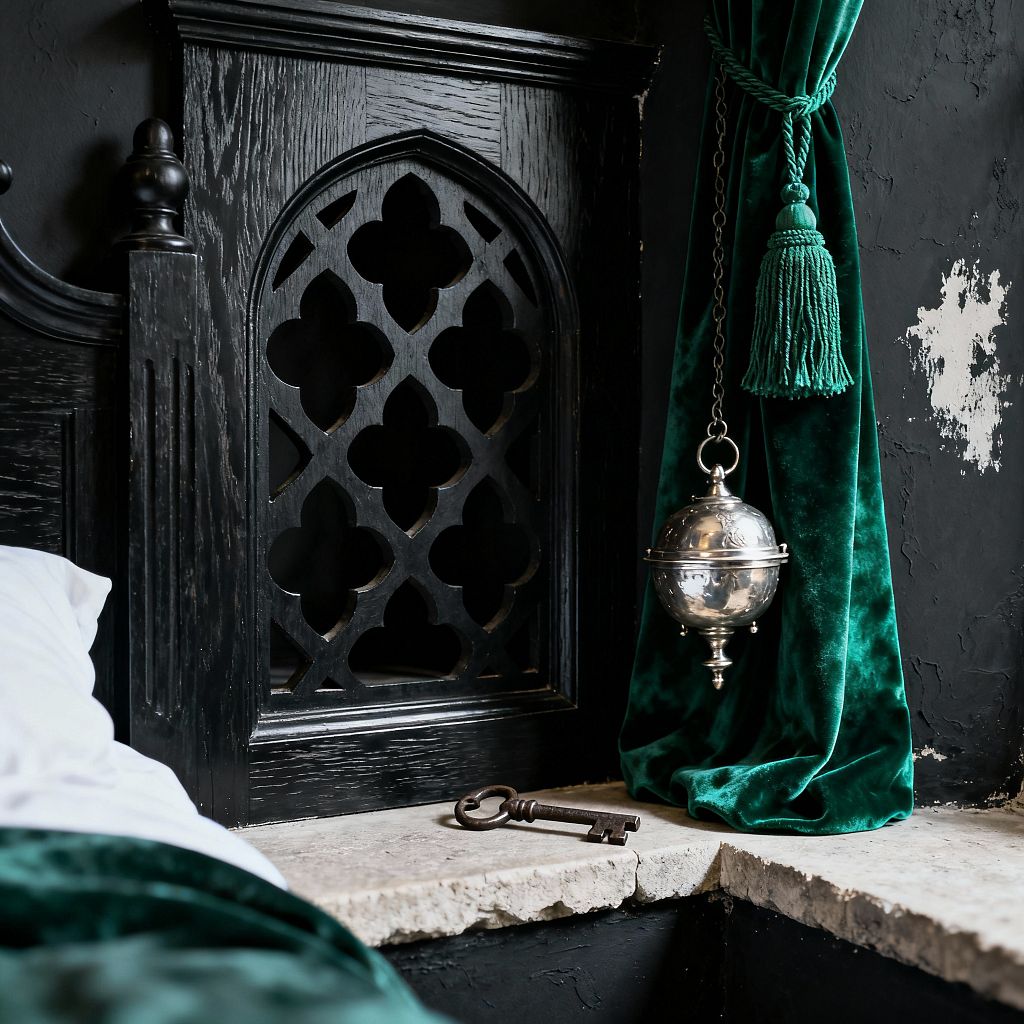 Close-up of a Gothic-style bedroom corner featuring an ebonized wood headboard with pointed-arch tracery, next to a textured black plaster wall. An emerald velvet curtain with a braided tassel drapes beside a silver hanging censer; a rough limestone ledge holds an antique iron key, while white bedding and a dark green throw soften the dramatic, moody palette.