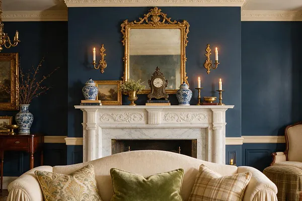 A traditional living room with deep blue paneled walls, a white carved marble fireplace, and an ornate gilded mirror centered above the mantel. Blue-and-white ginger jars, framed artwork, brass candlesticks, and a clock create a layered mantel display, while a cream sofa with patterned and velvet pillows sits in the foreground.