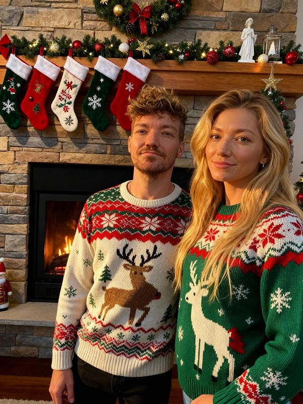 A couple poses in festive sweaters in front of a decorated fireplace.