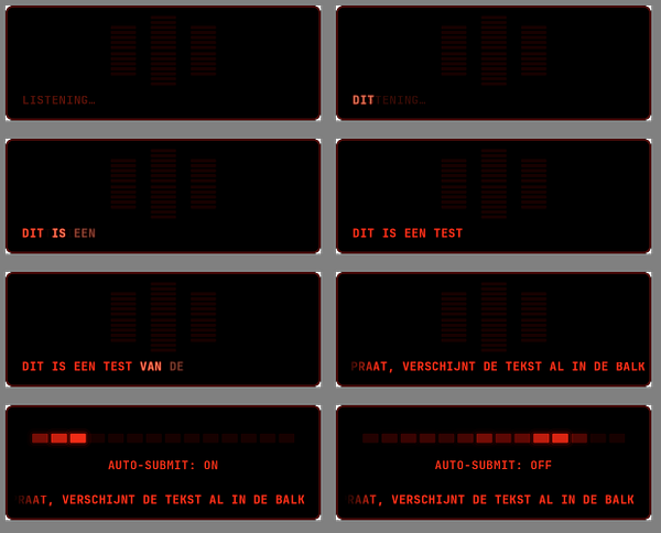Series of eight screenshots displaying a speech-to-text interface with a black background, red text, and a red audio level meter.