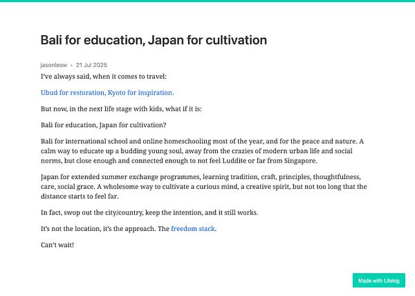A blog post discussing travel plans to Bali and Japan for educational and cultivation purposes.