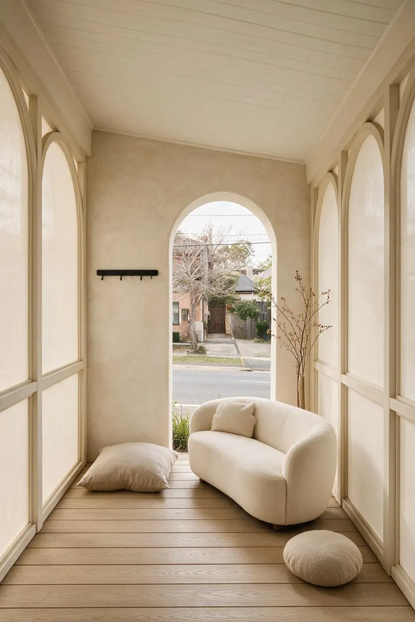 A narrow front porch designed in an organic modern style, with soft beige walls, arched openings, and light wood flooring. A curved cream sofa, neutral floor cushions, and a sparse branch arrangement create a calm, minimalist seating area with warm natural tones.