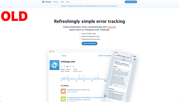 The image displays an old version of the Telebugs landing page with a focus on error tracking features.