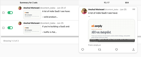 Screenshot of a Facebook Ads Manager dashboard showing data from an ad campaign for zerply.ai.