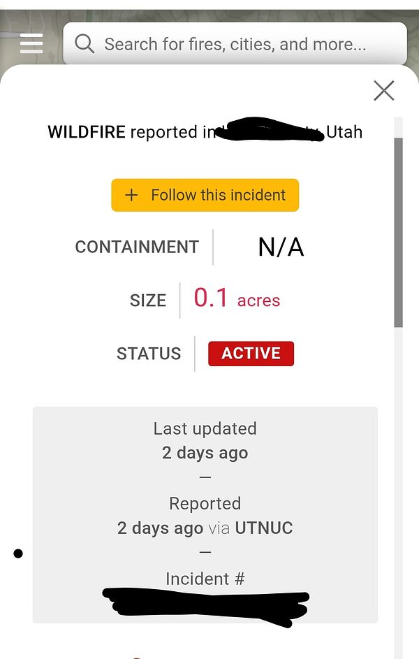 The image displays a wildfire incident report interface with details about an active fire in Utah.