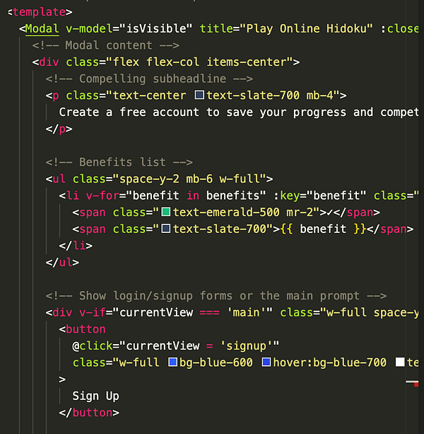 The image displays a code snippet for a modal component in a web application.
