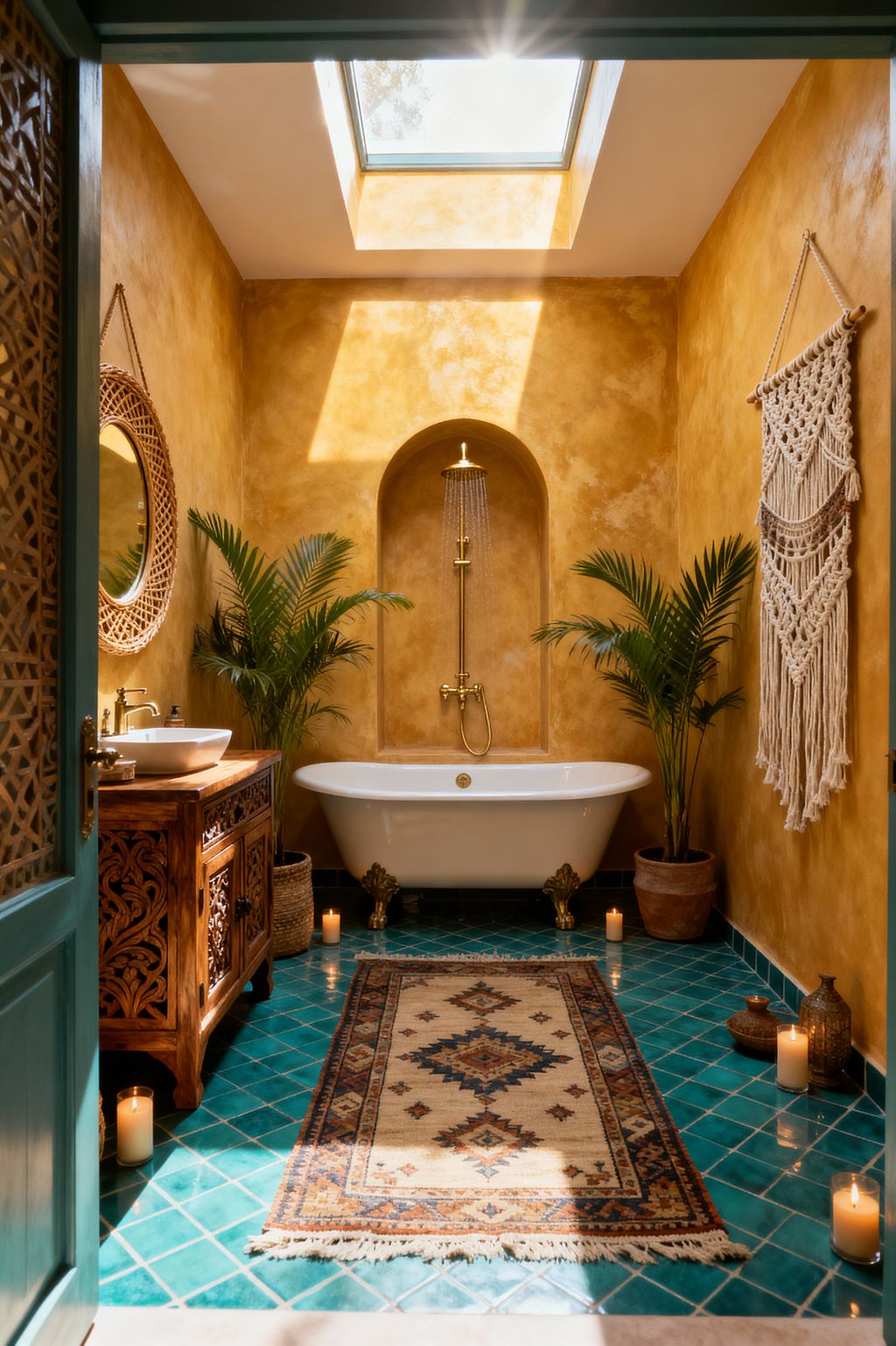 A skylit bathroom with warm ochre plaster walls features a white clawfoot bathtub set in an arched niche with brass rain shower. Turquoise zellige tiles cover the floor, topped by a patterned kilim runner and surrounded by candles. A carved wood vanity with a vessel sink and rattan mirror sits left; a cotton macramé wall hanging and potted palms in terracotta pots finish the relaxed, bohemian look.