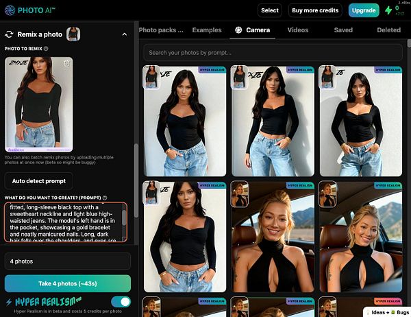 The image displays a user interface for a photo remixing tool featuring various photos and prompts for creating hyper-realistic images.
