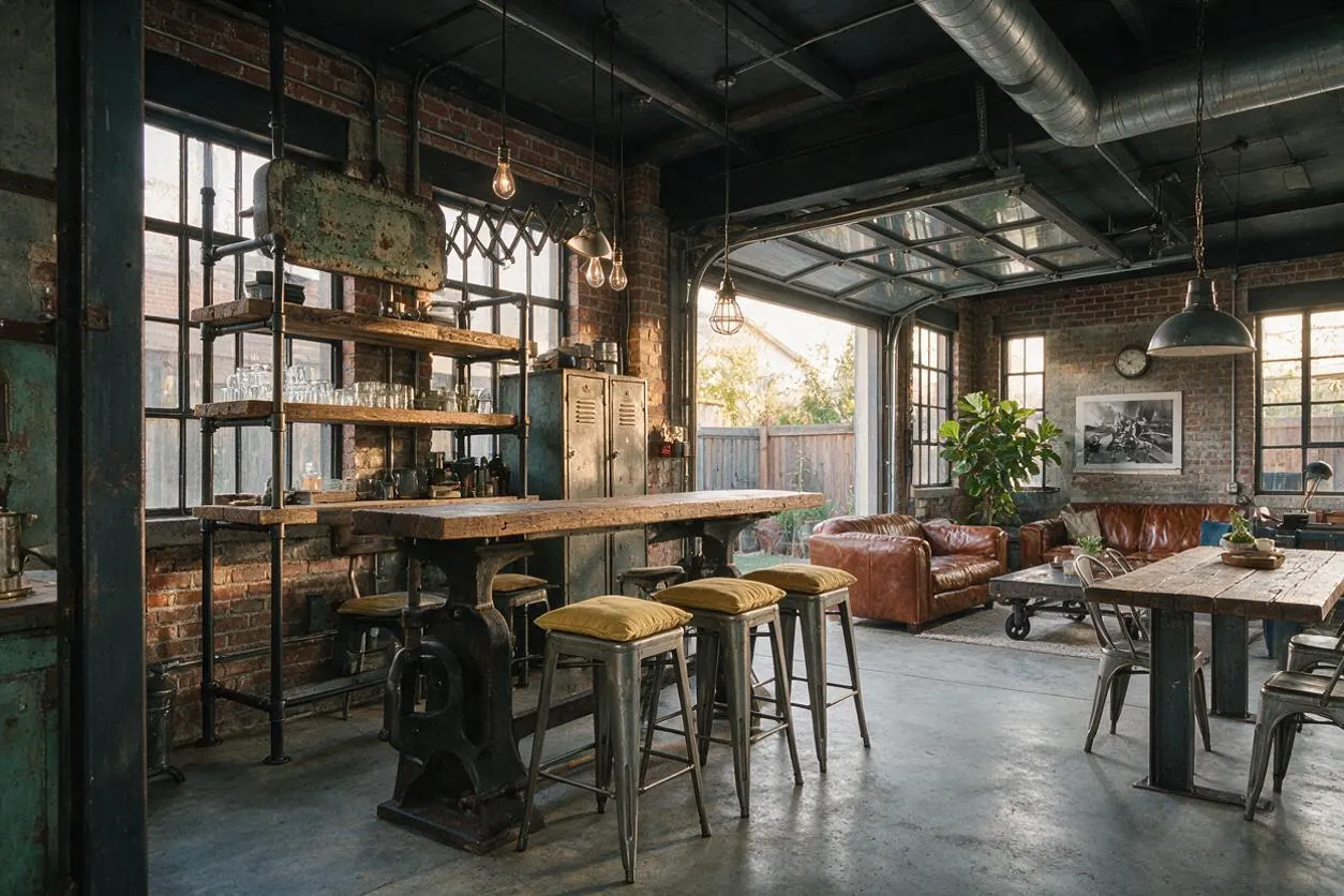 A backyard styled like an industrial loft features exposed brick walls, black steel framing, and a polished concrete floor. A weathered wood bar with metal shelving and tall stools sits beside leather seating, large windows, and hanging pendant lights.