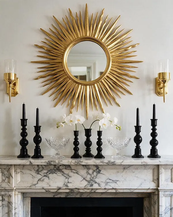 A refined mantel vignette centered on a large gold sunburst mirror above a white marble fireplace with gray veining. Black taper candlesticks, crystal bowls, white orchids, and brass wall sconces create a symmetrical Hollywood Regency display against a soft neutral wall.