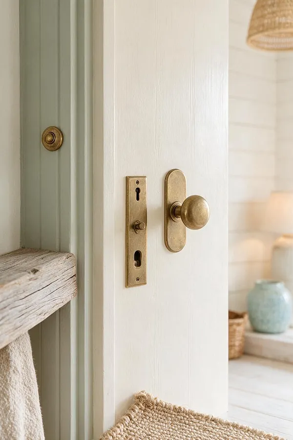 A close-up of a painted interior door with aged brass knob, brass lock plate, and muted sage trim beside white walls. Natural textures like a woven rug, weathered wood towel rail, and rattan lighting create a calm coastal feel.