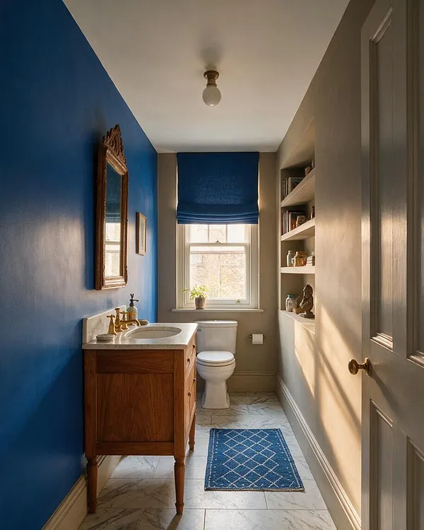 A narrow eclectic bathroom with a deep cobalt blue accent wall, a wood vanity with a white sink top, and brass fixtures. A window with a blue Roman shade sits above the toilet, built-in shelves line the right wall, and a small blue rug adds color over pale marble-look tile flooring.