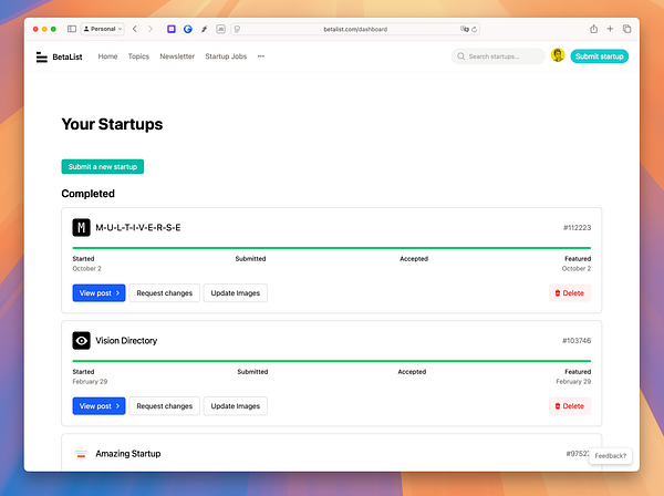 The image displays a submission dashboard for startups on the BetaList platform.