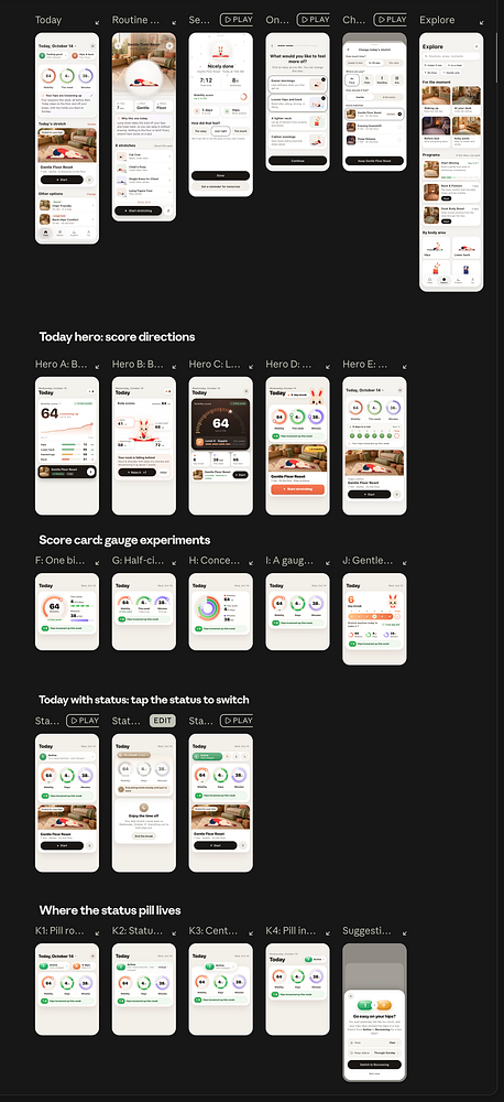 A collection of mobile app design screens and experiments focused on a stretching app, showing diverse layouts and UI elements for routines, scores, status toggles, and suggestions.