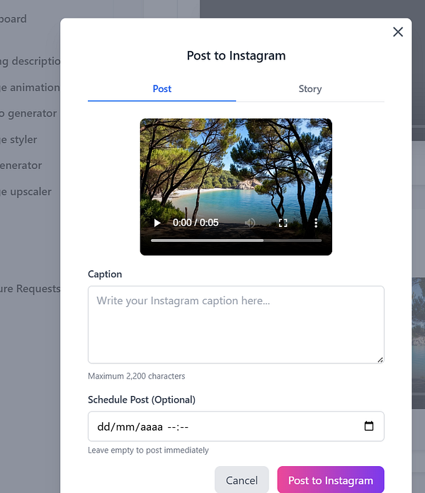 A modal window for posting to Instagram is displayed, featuring a video preview and caption input area.