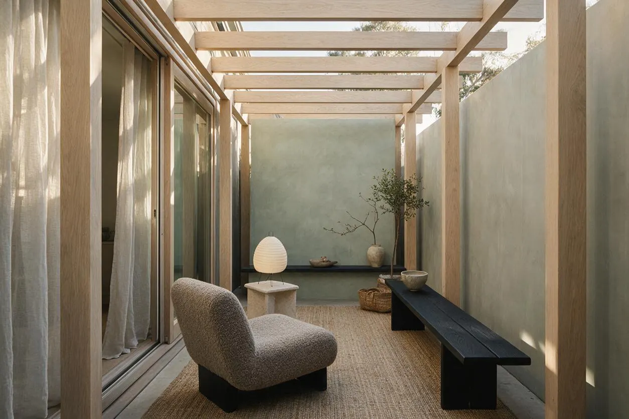 A narrow Japandi-style backyard lounge with a light wood pergola overhead, pale plaster walls, and large sliding glass doors opening to the interior. The space includes a textured upholstered chair, a black bench, woven rug, sculptural table lamp, and simple ceramic decor in soft neutral tones.