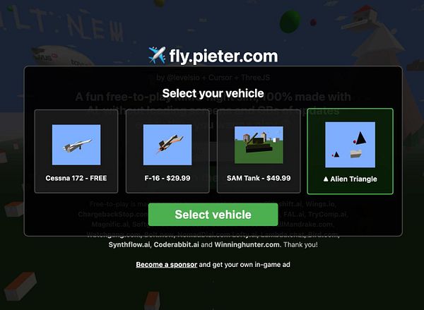 The image displays a vehicle selection interface for the game fly.pieter.com, featuring various aircraft and a unique alien triangle option.