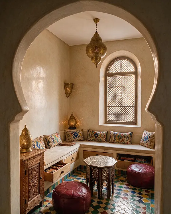 A cozy Moroccan-style game room framed by a large sculpted archway, with plaster walls, an arched lattice window, brass lanterns, and a built-in cushioned bench lined with colorful patterned pillows. The room features carved wood storage, an ornate central table, red leather poufs, and a mosaic tile floor in earthy and jewel tones.