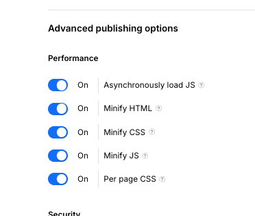 The image displays a section of advanced publishing options for web performance settings.