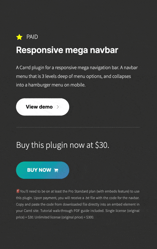 The image features a promotional section for a responsive mega navbar plugin for Carrd, highlighting its features and pricing.