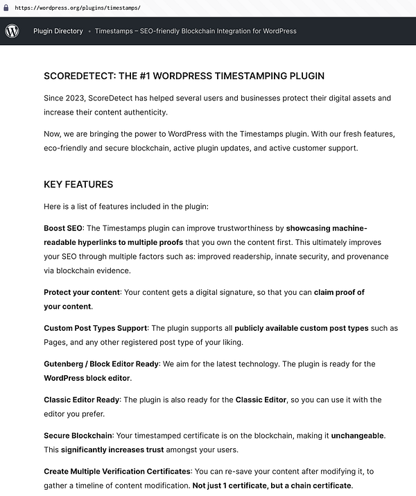 The image displays a webpage for the ScoreDetect WordPress plugin, highlighting its features and benefits.