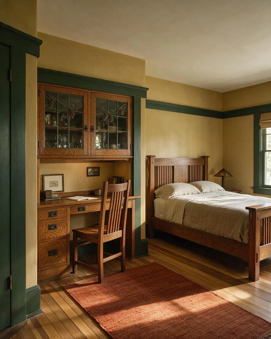 A Craftsman-style guest bedroom with a wooden bed, built-in desk and glass-front cabinet, dark green trim, and warm tan walls. Hardwood floors and a rust-colored area rug add warmth, while natural light enters through a window on the right.