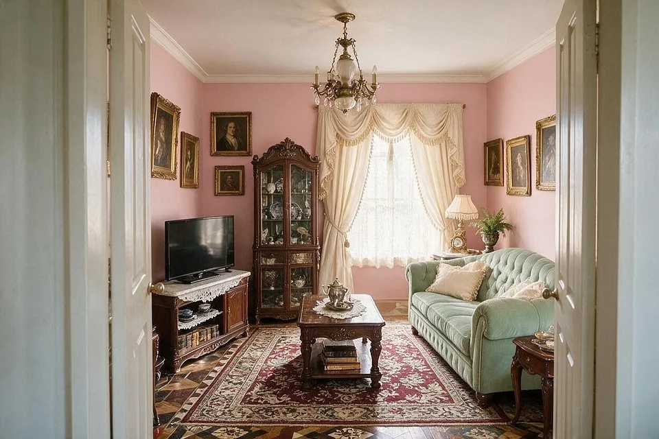 A Victorian living room in the Faded Rose palette
