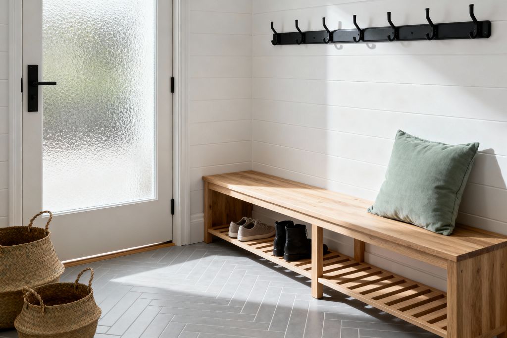 A bright Scandinavian mudroom with white shiplap walls and a frosted glass door with black lever hardware. A long natural oak bench with a slatted shoe shelf holds a sage green cushion, while two woven seagrass baskets sit on a light gray herringbone tile floor; a linear matte-black wall rack with multiple hooks runs above the bench, all bathed in soft natural light.