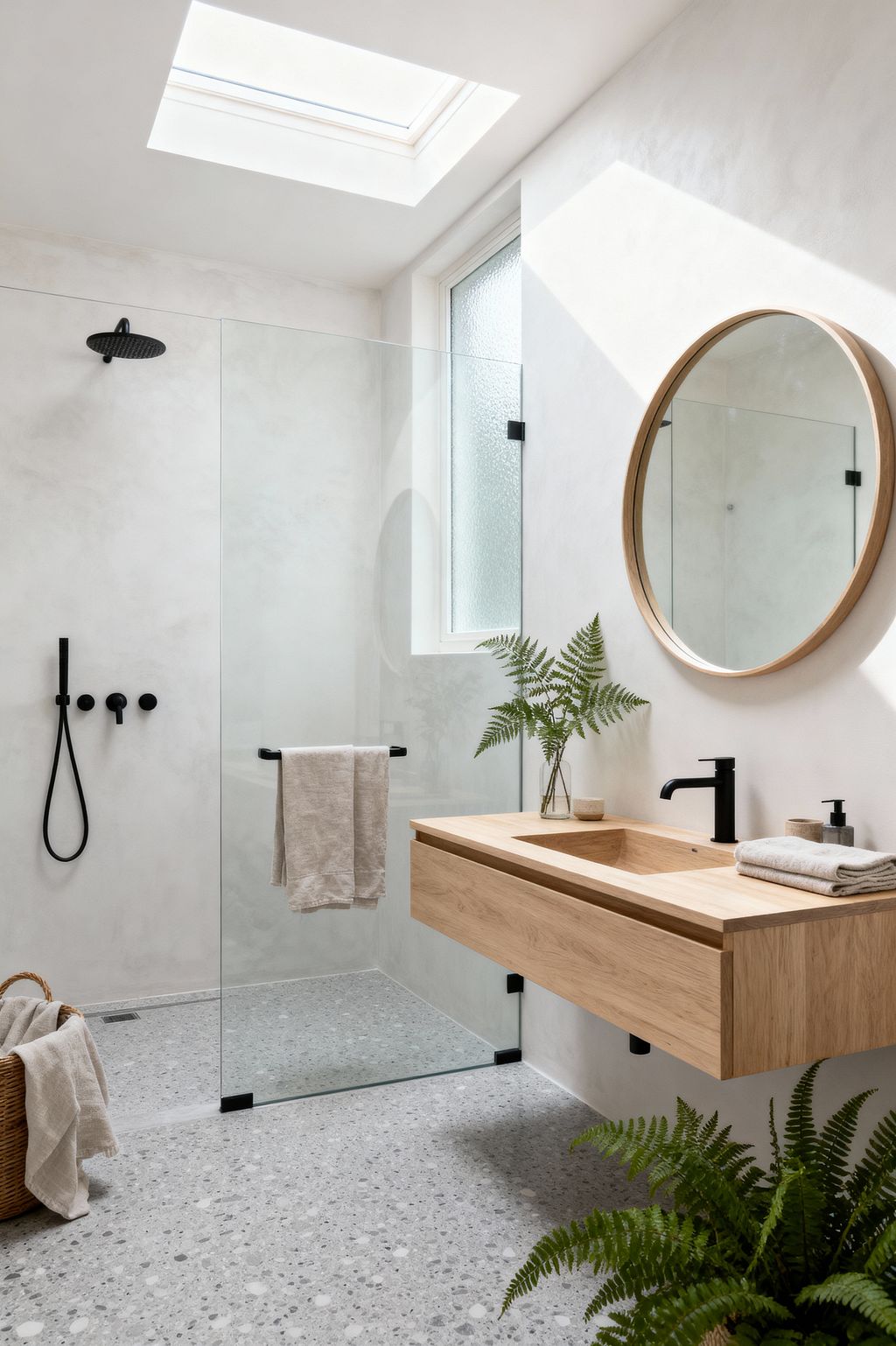Bright Scandinavian bathroom lit by a skylight and a frosted window, featuring a walk-in shower behind a frameless glass screen. The space has pale plaster walls, a light gray terrazzo floor, a floating oak vanity with an integrated rectangular basin, a round wood-framed mirror, and matte black fixtures including a rain shower, hand shower, towel rail, and faucet. Neutral linen towels, a woven basket, and green ferns add softness and texture.