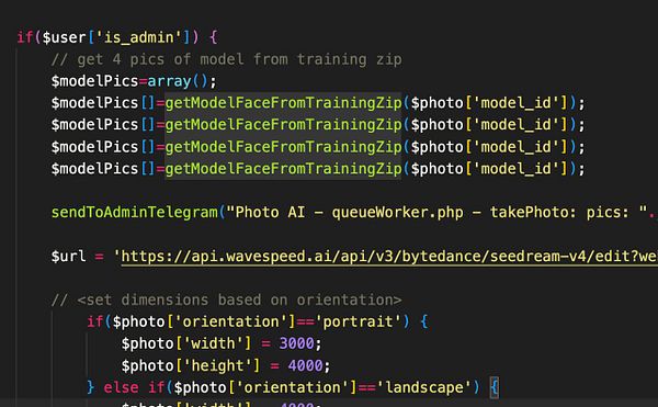 The image displays a snippet of PHP code related to photo processing and integration with Seedream 4.