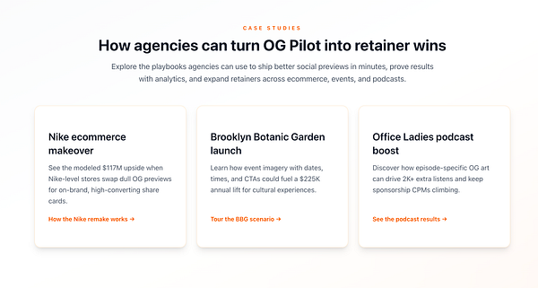 The image features a webpage showcasing case studies for agencies focusing on ecommerce, events, and podcasts.