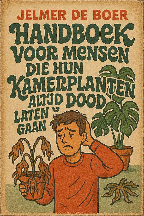 A retro-style book cover featuring a distressed man holding a wilted plant.