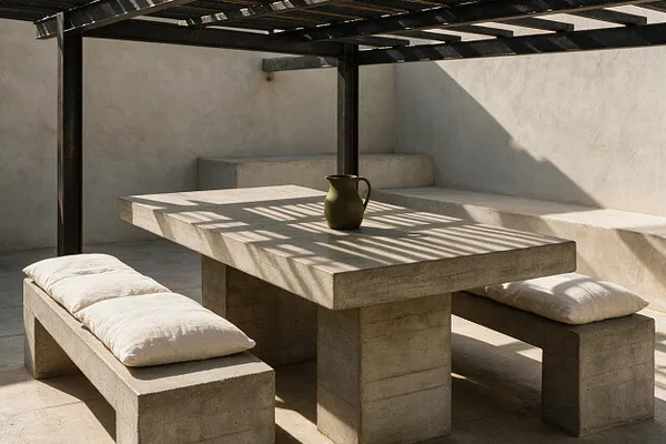 A minimalist outdoor courtyard with a rectangular concrete table and matching block benches, each topped with light cream cushions. A dark metal pergola overhead casts striped shadows across the pale concrete surfaces, and a simple dark pitcher sits at the center of the table.