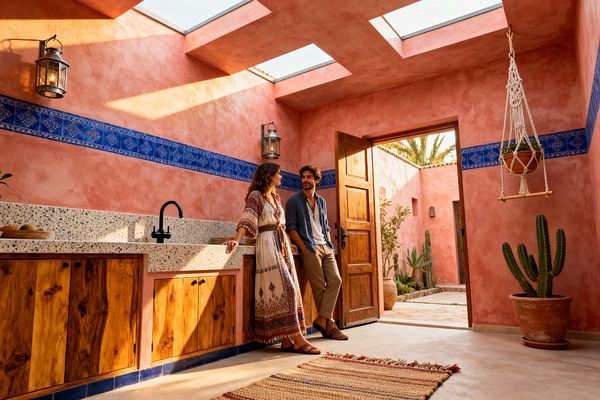 A sunlit bohemian kitchen with pink plaster walls and a cobalt blue patterned tile band features a terrazzo countertop, matte black faucet, and knotty solid-wood cabinets. Rectangular skylights cast warm light across a smooth concrete floor, with metal lantern sconces, a macramé hanging planter, a woven jute rug, and a terracotta potted cactus. An open wooden door leads to a courtyard with more plants, while two people stand and talk by the counter.