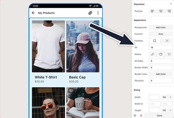 The image displays a mobile app interface showcasing a product list alongside a properties panel for design adjustments.