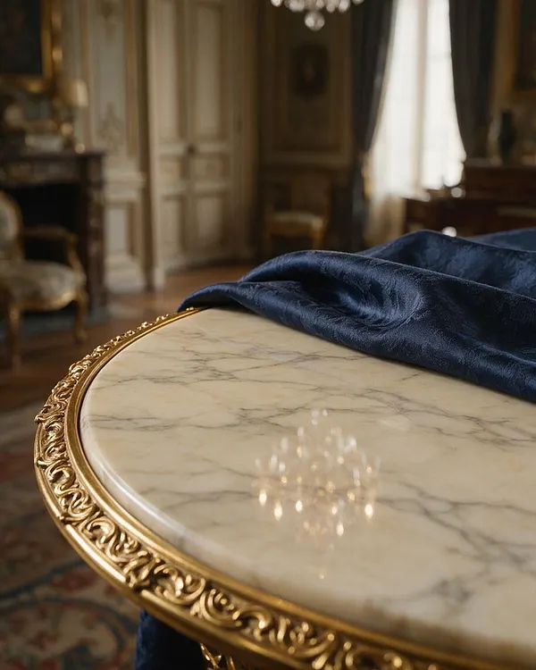 A close-up of an oval marble-topped table with soft gray veining and an ornate gold carved edge, draped with a deep navy velvet cloth. The background shows a traditional room with paneled walls, dark wood furnishings, and warm window light, softly out of focus.